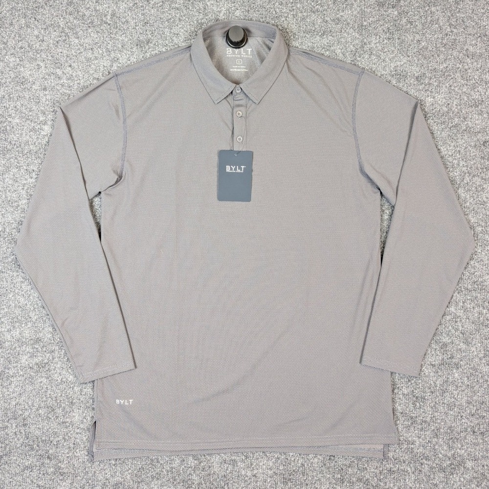 BYLT Premium Basics Mens Long Sleeve Polo Shirt Charcoal Grey Size L NWT